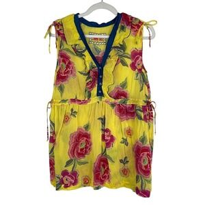 Johnny Was Floral Print Button Up Popover Tank Top Yellow Boho Festival Size S